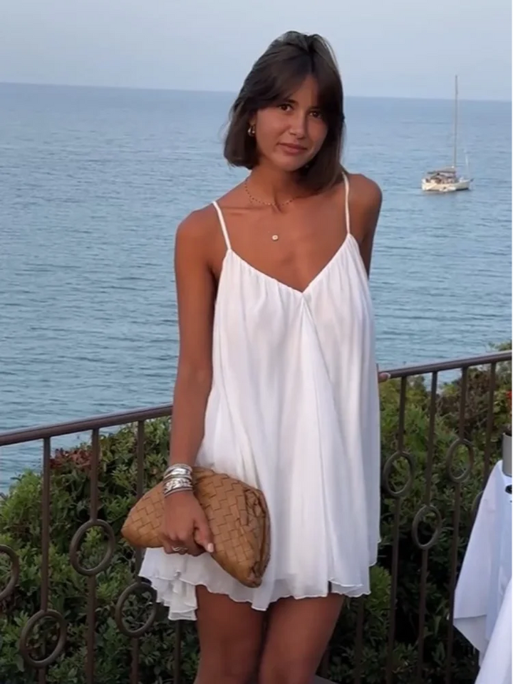 Olive - Pleated V-neck Mini Beach Dress