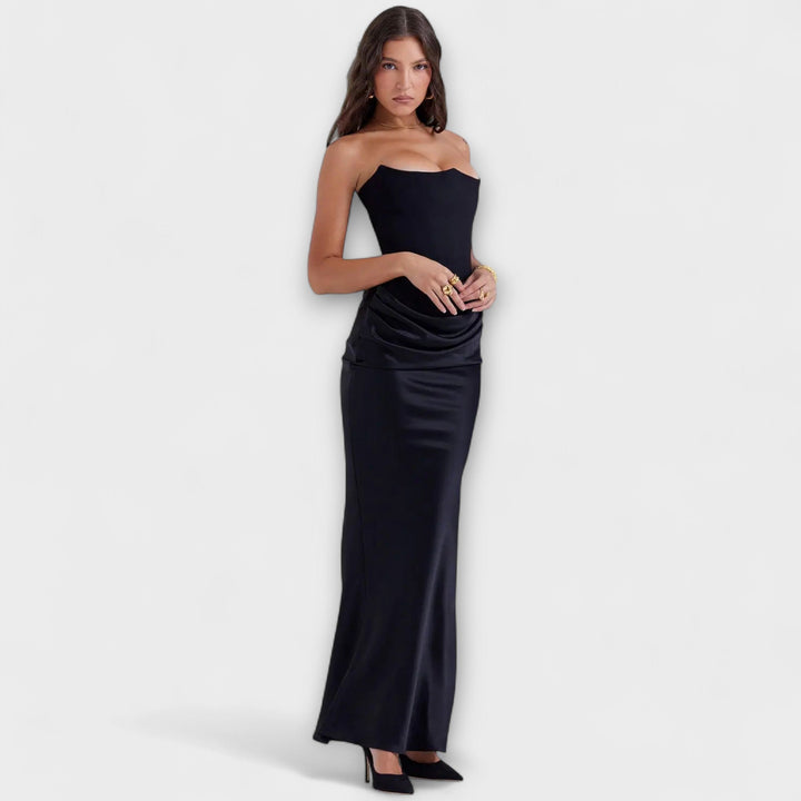 Off-the-Shoulder Satin Maxi Dress with Draping
