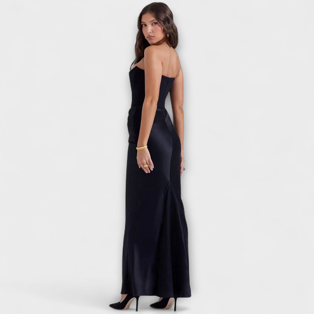 Off-the-Shoulder Satin Maxi Dress with Draping
